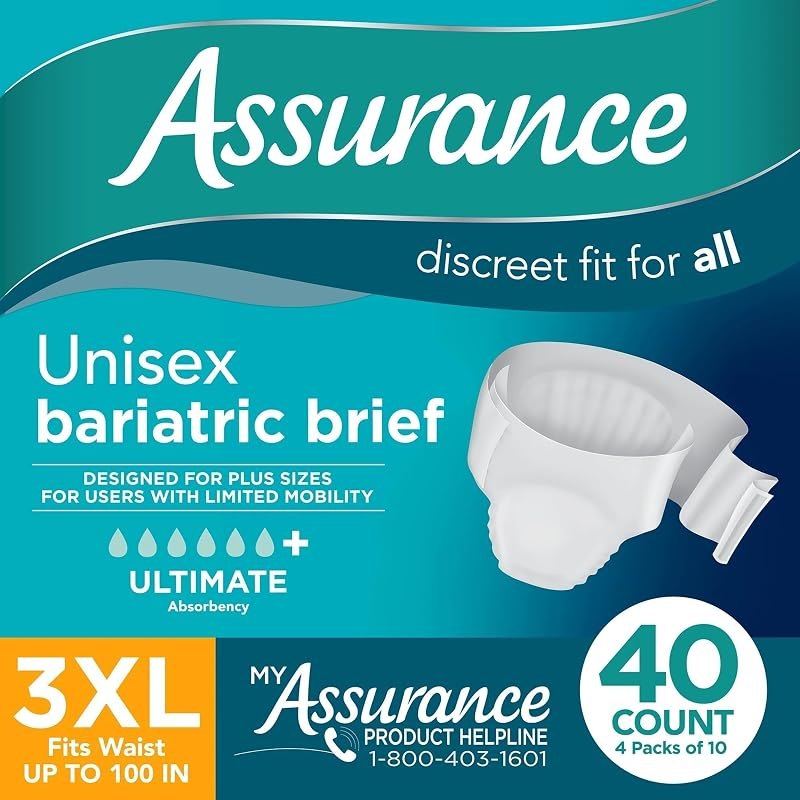 Assurance Unisex Bariatric Incontinence Briefs 3XL with Tabs Maximum Absorbency - Adult Diapers Extra Large Plus Size
