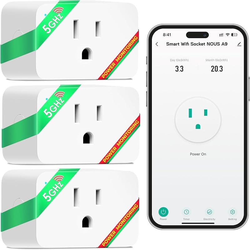 NOUS Wi-Fi Smart Plug 15A, Dual-Band 2.4GHz & 5GHz, Energy Monitoring, Compatible with Alexa, Google Home, Tuya App