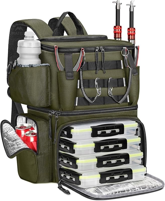 MATEIN Fishing Backpack with 4 Tackle Boxes, Fishing Bag with Rod Holder — Saltwater Tackle Box for saltwater tackle box