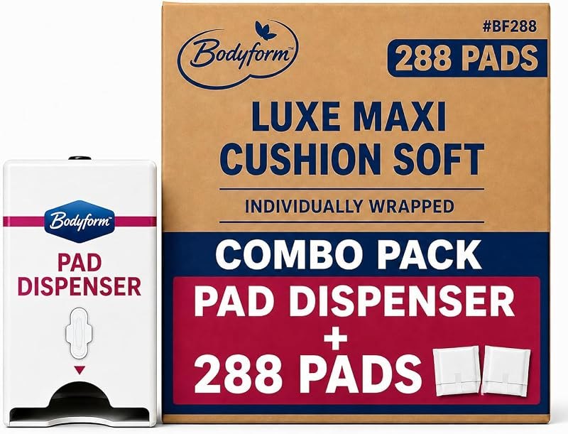 Bodyform Regular Maxi Pads with Dispenser, 250 Individually Wrapped Sanitary Pads with Adhesive Strip, Bulk Feminine