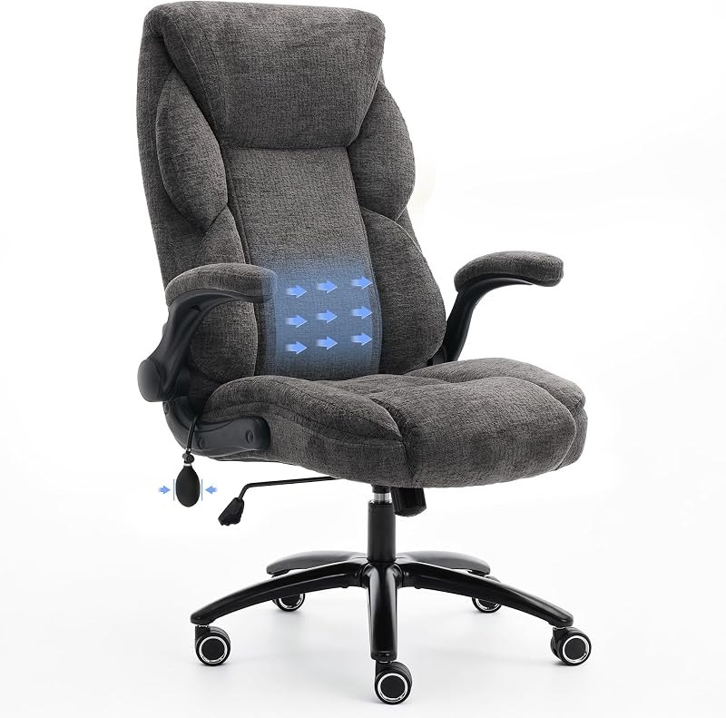 Fabric Office Chair with Inflatable Lumbar Support, Executive Ergonomic Desk Chairs with Flip Arms, High Back Cloth