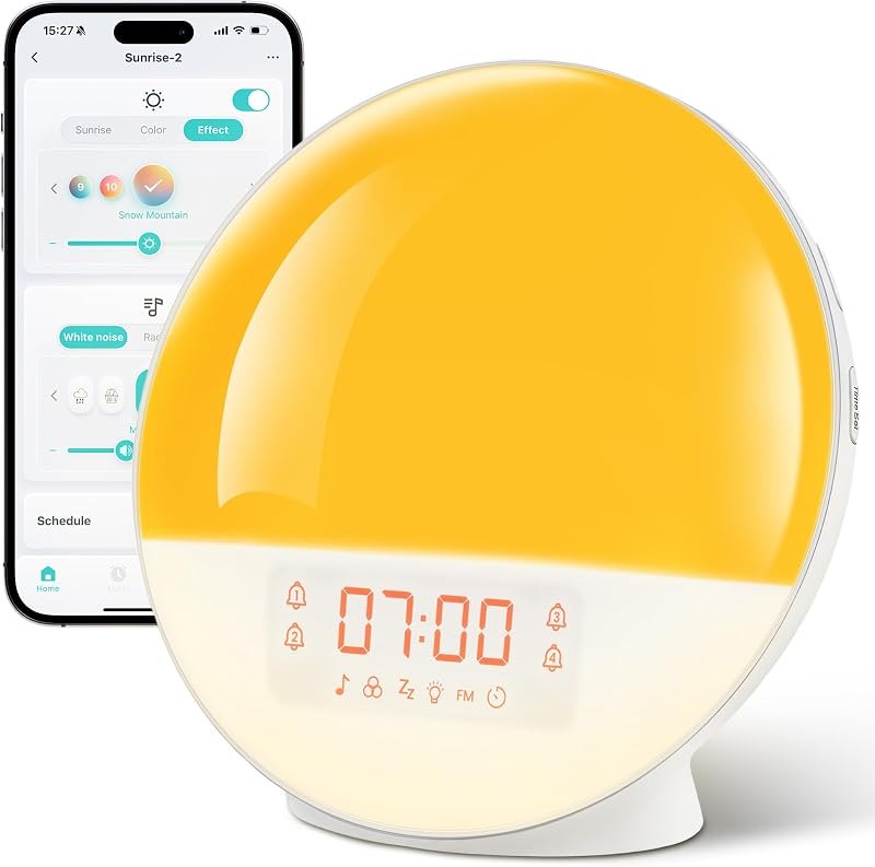 Sunrise Alarm Clock with App Control & White Noise for Heavy Sleeper — bright light therapy alarm clock for bright