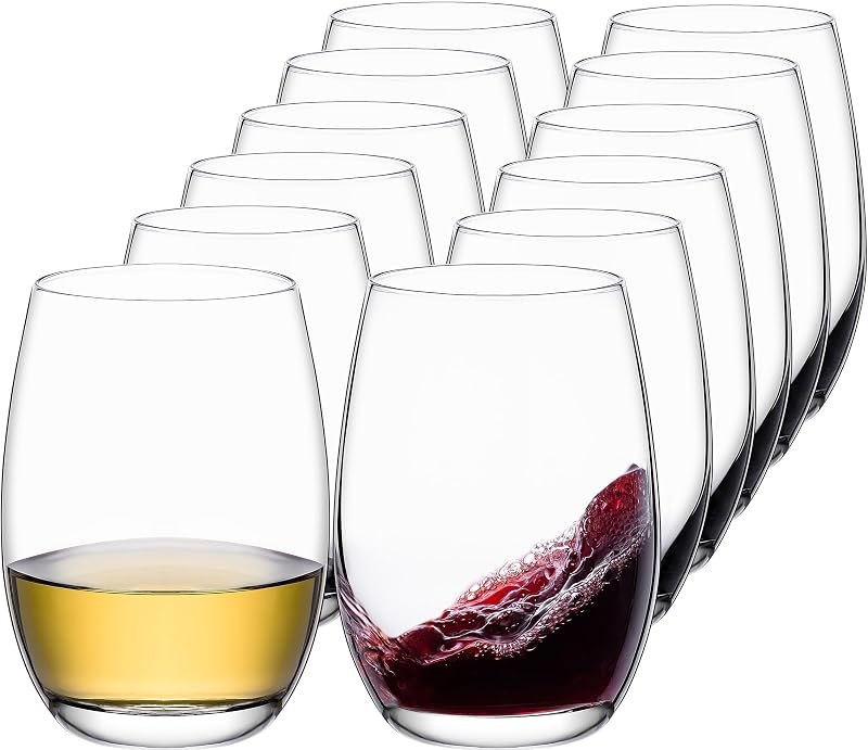 Stemless Wine Glasses Set of 12, 17oz Lead-Free Drinking Glasses for Red & White Wine, Cocktails, Juice, Sturdy Base
