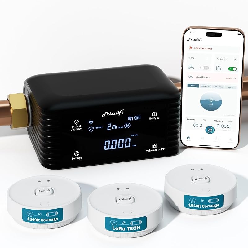 Frizzlife LPG365-P Smart Water Automatic Shutoff Valve W/ 3 Leak Sensors, 0.01 GPM Ultrasonic Micro Leak