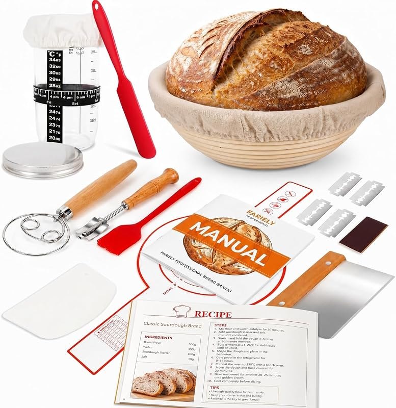 Complete Sourdough Starter Kit, Bread Baking Supplies, 9'' Round Banneton Bread Proofing Basket with Glass Sourdough