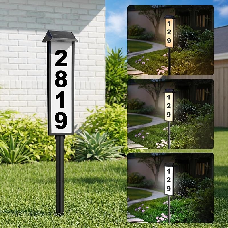 Brightever Solar Address Sign, House Number for Outside Yard 3-Light Modes — pixel address lights for pixel address