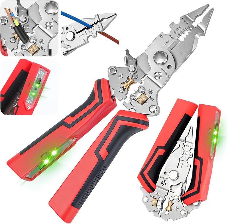 16-in-1 Wire Stripper and Crimping Tool, Foldable Wire Cutter with Rechargeable 12-250V AC/DC Voltage Tester for