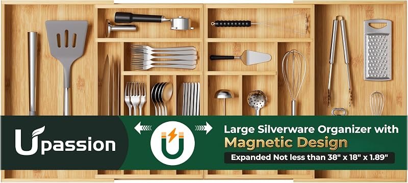 Large Silverware Organizer, 13 Slots Magnetic Connected Expandable Bamboo Utensil Drawer Organizer From 21 to 37.4