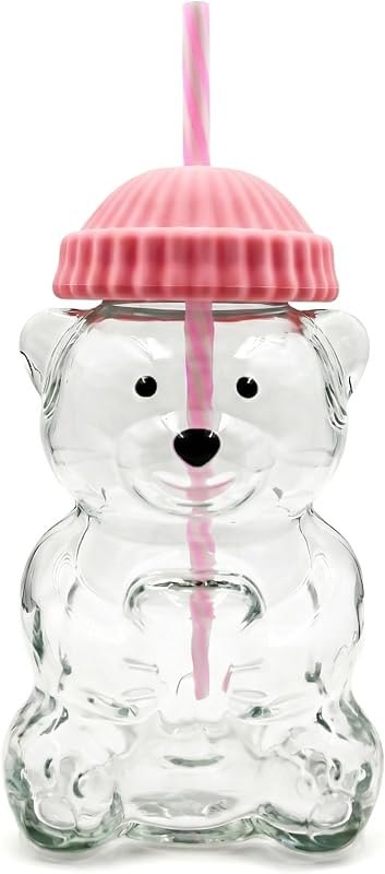 Glass Bear Cup,Bear Cup with Straw, 500ml Reusable Bear Glass Tumbler with Lid for Iced Coffee, Milk Tea, and
