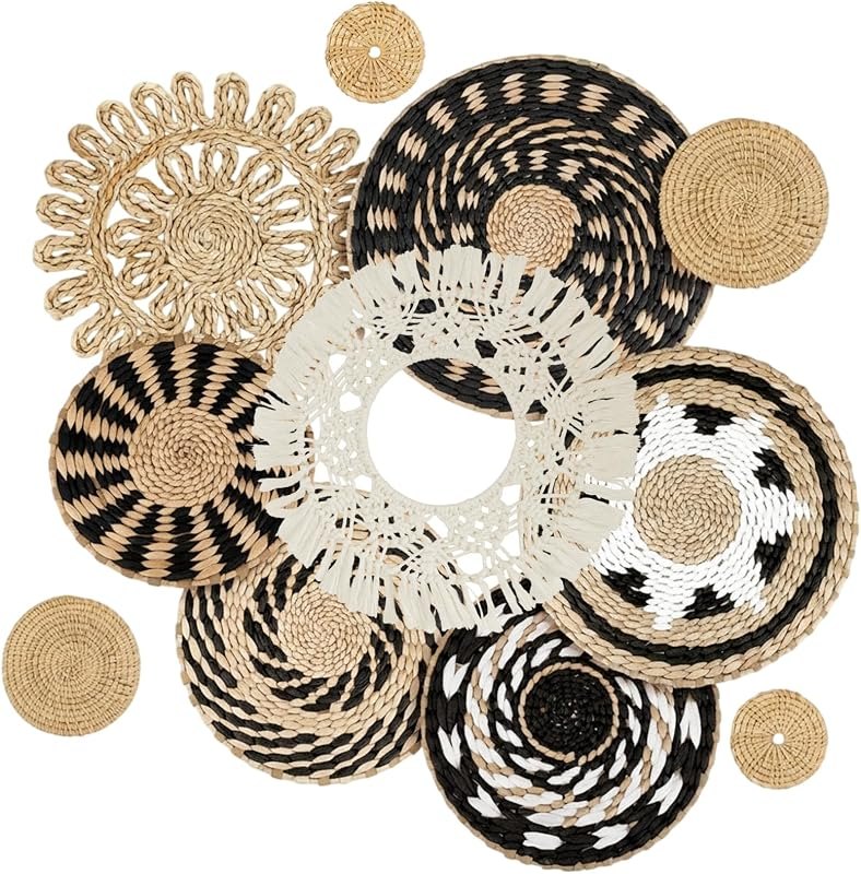 11 Pcs Boho Wall Basket Decor, Bulrush Woven Wall Hanging, Multi Size — Natural Wicker Wall Hanging for natural wicker