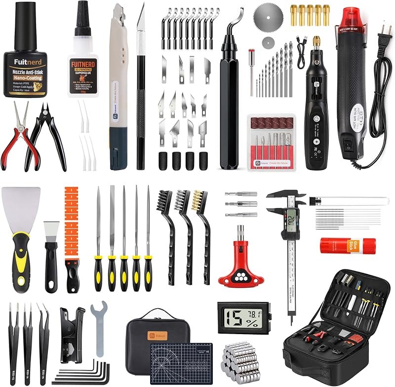 142Pcs 3D Printer Tools Kit with 4-Layer Slotted Case, 3D Printer Accessories - Cordless Rotary Tool, Heat Gun, PTFE