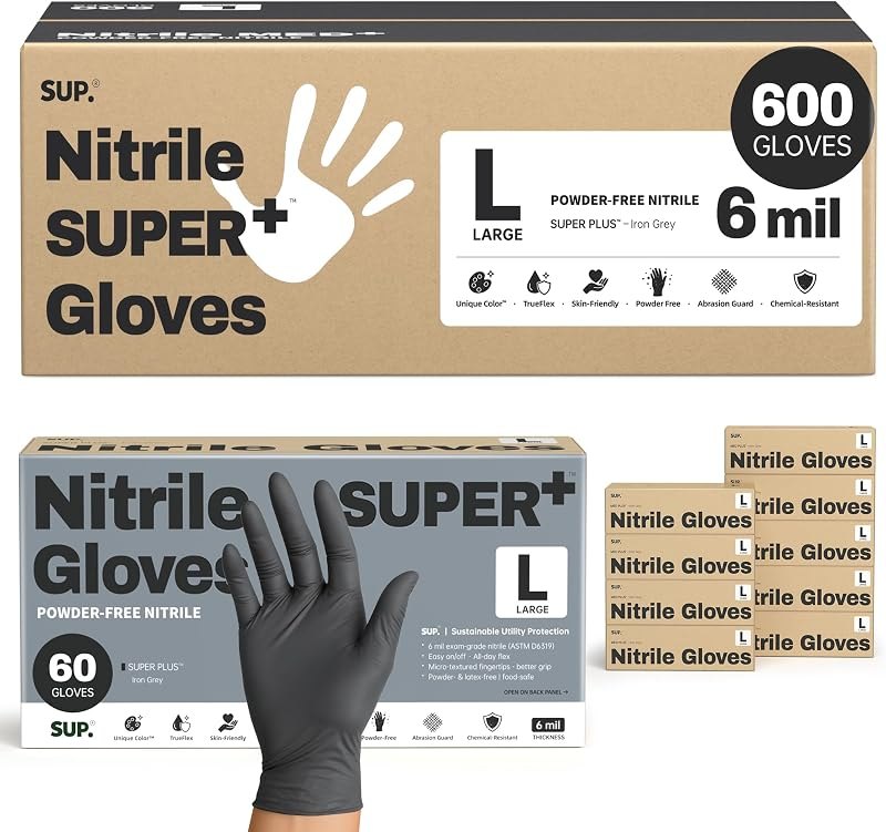 SUPER+ Black Nitrile Gloves HEAVY DUTY 6 Mil Disposable Chemical Resistant Powder & Latex Free Medical Food Safe