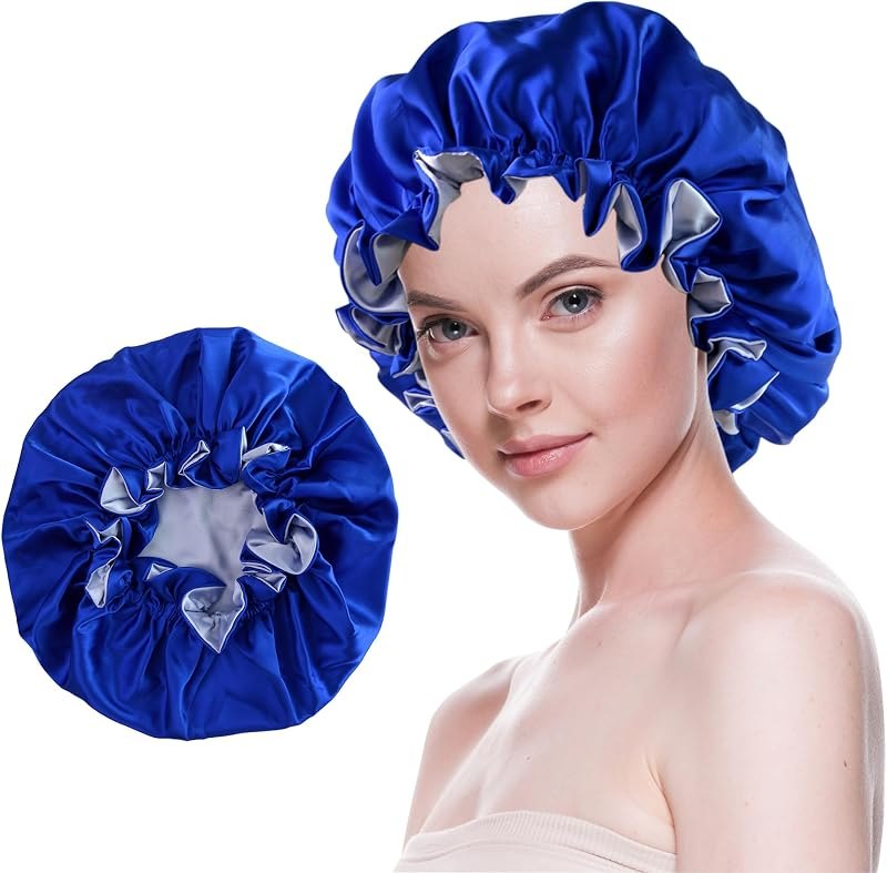 Silk Bonnet for Sleeping Satin Bonnets Double Layer Reversible Hair Cap Bonnet for Women Long Curly Braid Hair (Blue