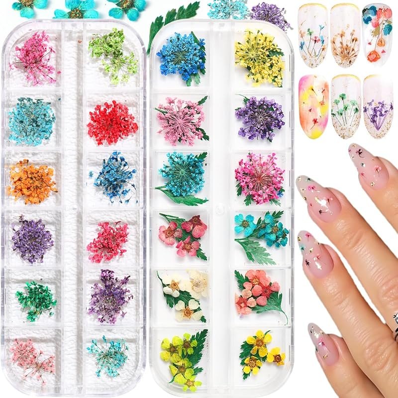 2 Boxes 3D Real Dried Flowers for Nail Art Colorful Mini Natural Gypsophila — Fall Nail Art Kit for fall nail art kit