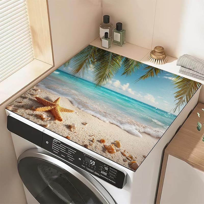 Tropical Beach Sand Palm Leaves Washer and Dryer Covers for the Top,Non-slip Dryer Top Protector Mat,23.6" x 19.7"