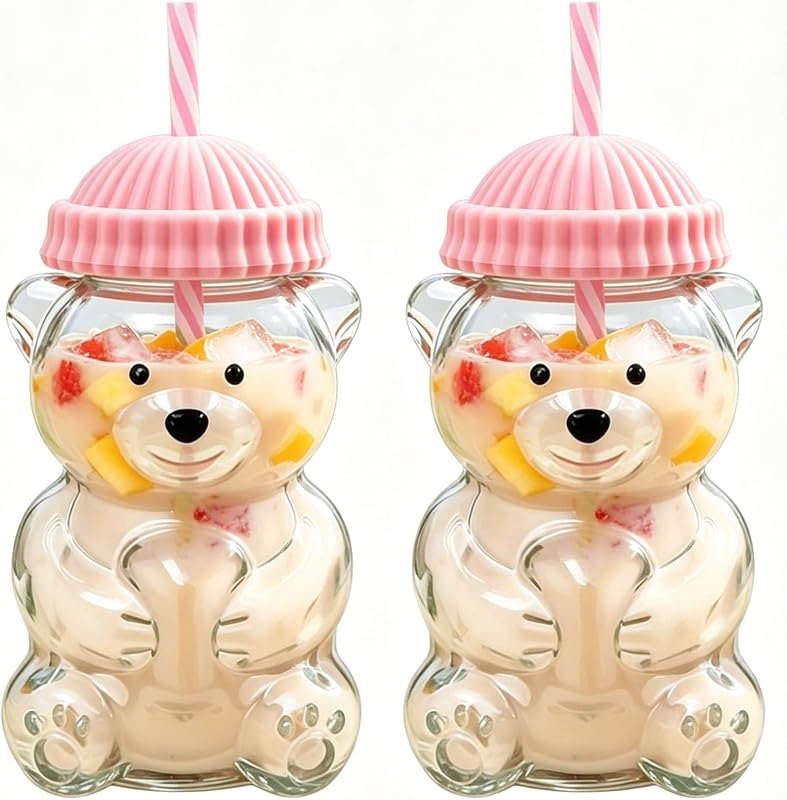 New Glass Bear Straw Cup - Reusable Glass Cute Bear Cup for Smoothies Boba Iced Coffee Cocktails (2, Pink) — Starbucks