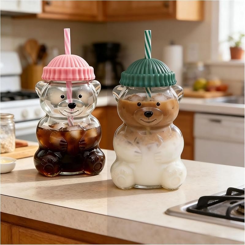 Cute Bear Glass Straw Cup - 20oz Bear Cups with Straws and Lids Reusable Glass Cup for Smoothies Boba Iced Coffee