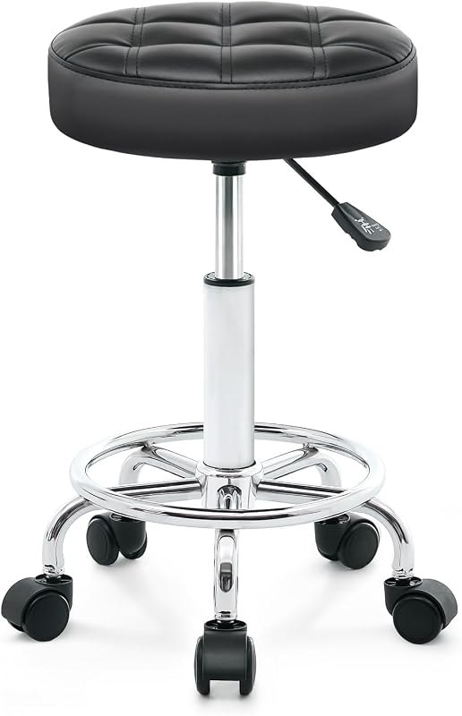 Rolling Stool with Wheels - Swivel Small Office Chair with Footrest, PU Leather Shop Stool for Office Spa Studio Lab