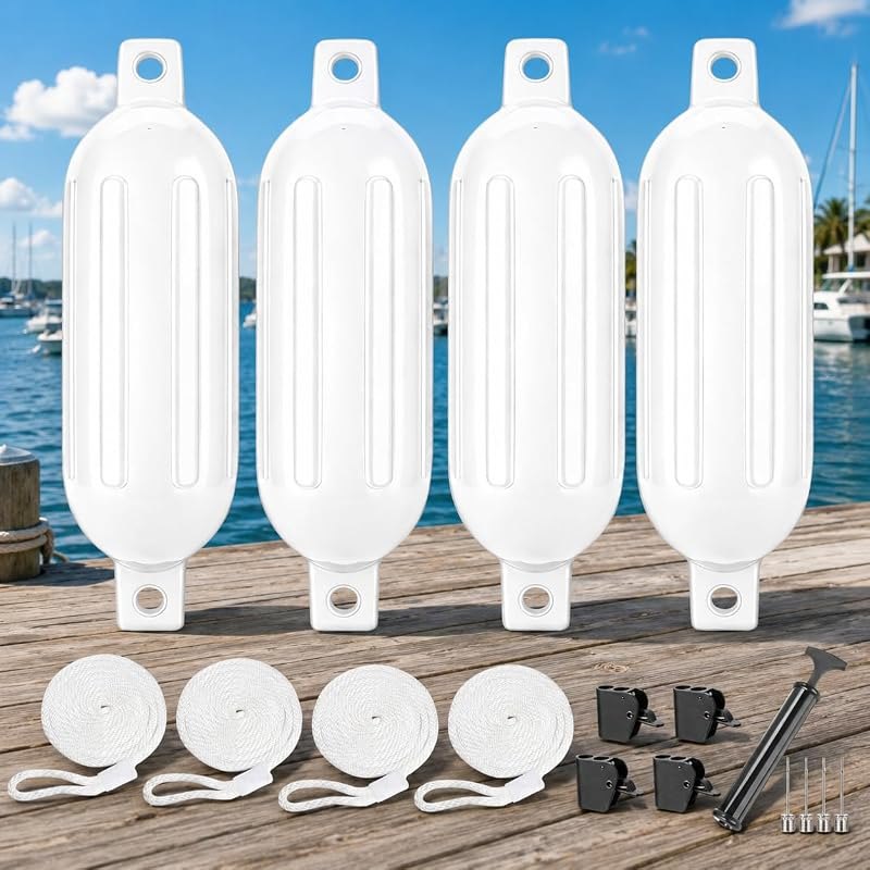 White Boat Fenders for Docking 5.5."/6.5"/8.5" Inflatable Ribbed Marine Boat Fender with Fender Lines 6.5ft, Stainless