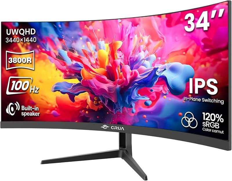 CRUA 34'' 21:9 UWQHD 100Hz IPS Ultrawide Curved Computer Monitor, Speakers — 39 inch ultrawide monitor for inch