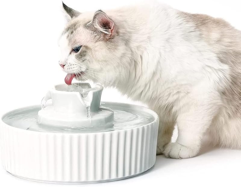 2.1L Ceramic Cat Water Fountain for Cats and Dogs-360° Ceramic Pet Fountain-70 Oz Large Water Capacity- Whisper-Quiet