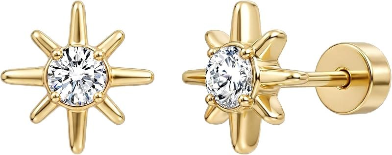 Star Flat Back Earrings for Women, Screw Back CZ Studs — flat back earrings for sensitive ear for flat back earrings