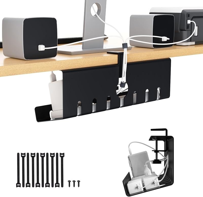Syeeiex Under Desk Cable Management Tray, Cord Management, Black, 17inch — cable tray for standing desk accessories