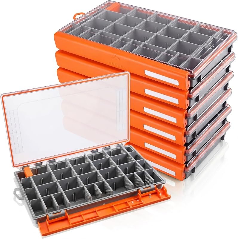 Junkin 6 Pack 3700 Fishing Tackle Boxes Waterproof, Large Orange Lure Organizer Trays with Custom Dividers, Airtight