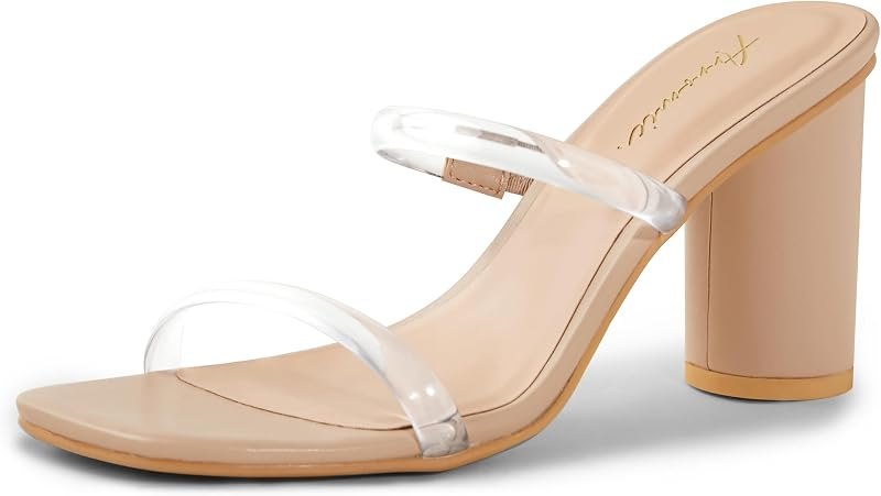 Square Open Toe Heels for Women Two Strap Heeled Chunky Sandals Strappy Round Heels Party Dressy Shoes — clear strap