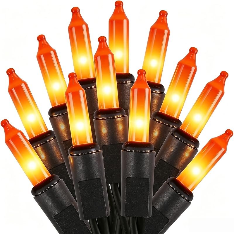 2 Pack Orange Halloween Lights, 100 Count, Incandescent Mini Halloween String Lights Outdoor, Black Wire Connectable