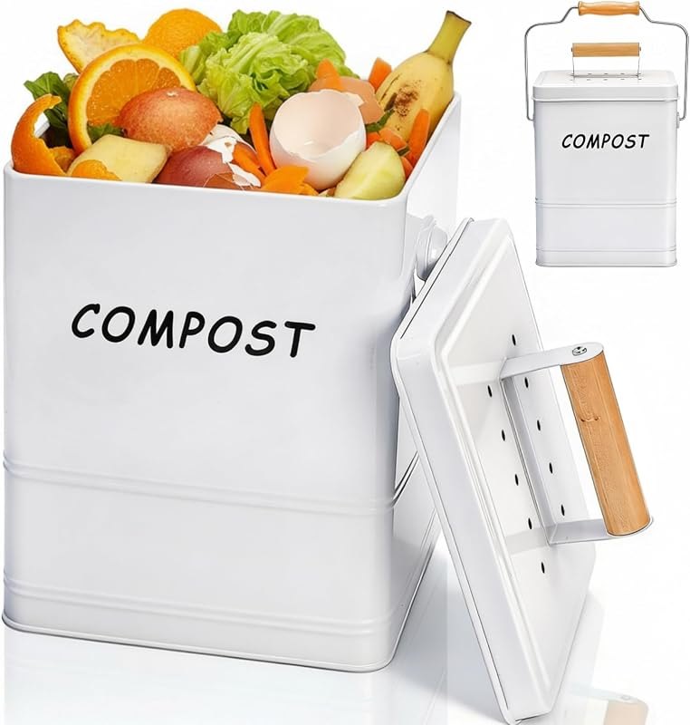1.7 Gallon Kitchen Compost Bin, Countertop Food Waste Pail with Handles, Odorless Composting Bucket with Carbon