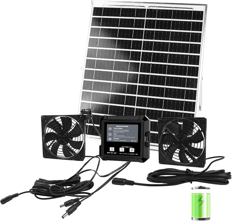 Solar Fan for Chicken Coop with Battery, Dual Solar Exhaust Fan Kit, 3 Smart Modes Controller (Continuous/Timer/Motion