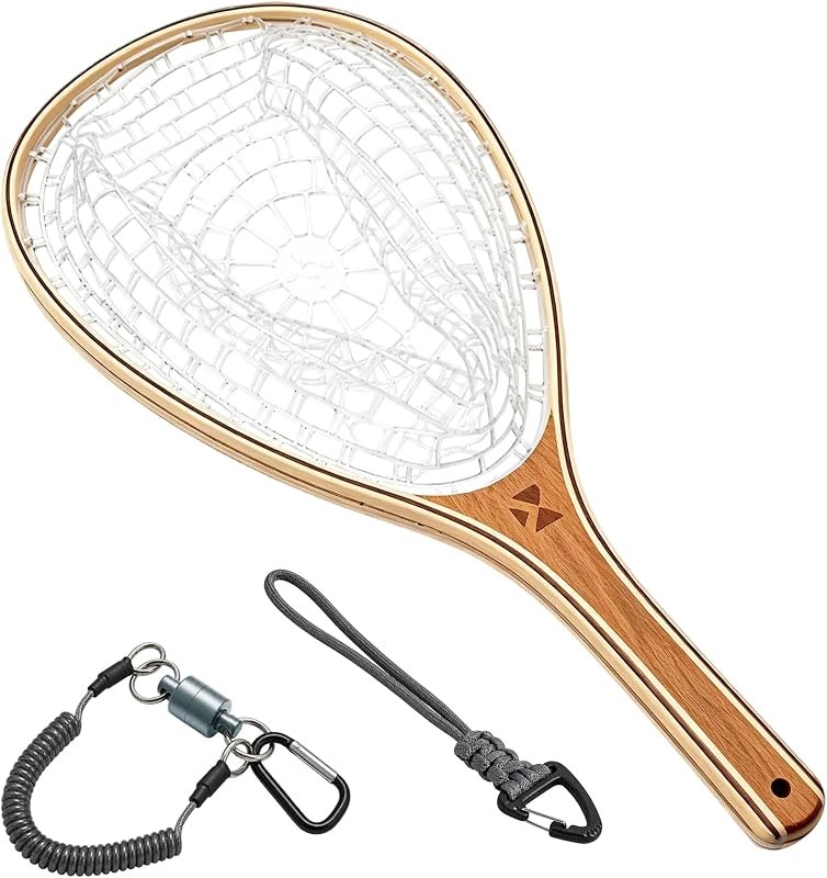 BasicGear Wooden Fly Fishing Landing Net, 24 Inch Trout Net, Magnet System