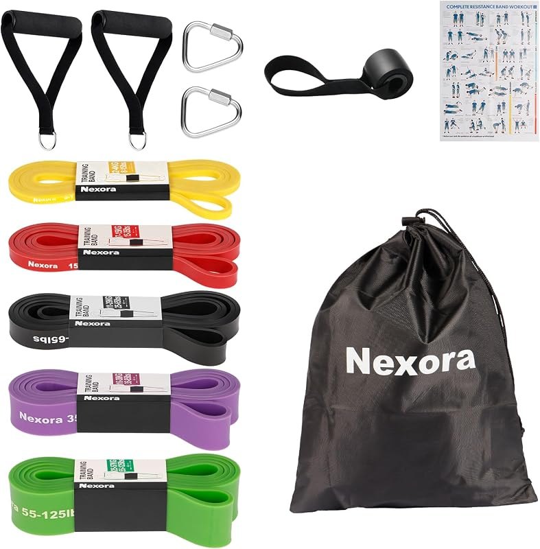 Nexora Resistance Bands Set, 5 Pack 8-125 lbs Natural Rubber Exercise Bands with Door Anchor Soft Handles Storage Bag