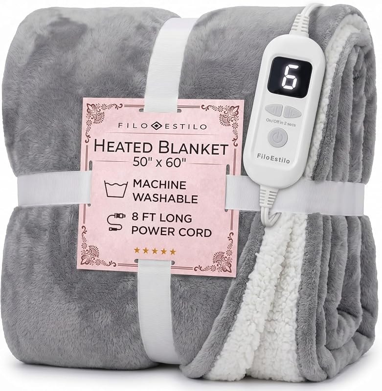 FILO ESTILO Electric Heated Throw Blanket 50"x60", 8ft Cord, 6 Heat Levels — household heated blanket for household