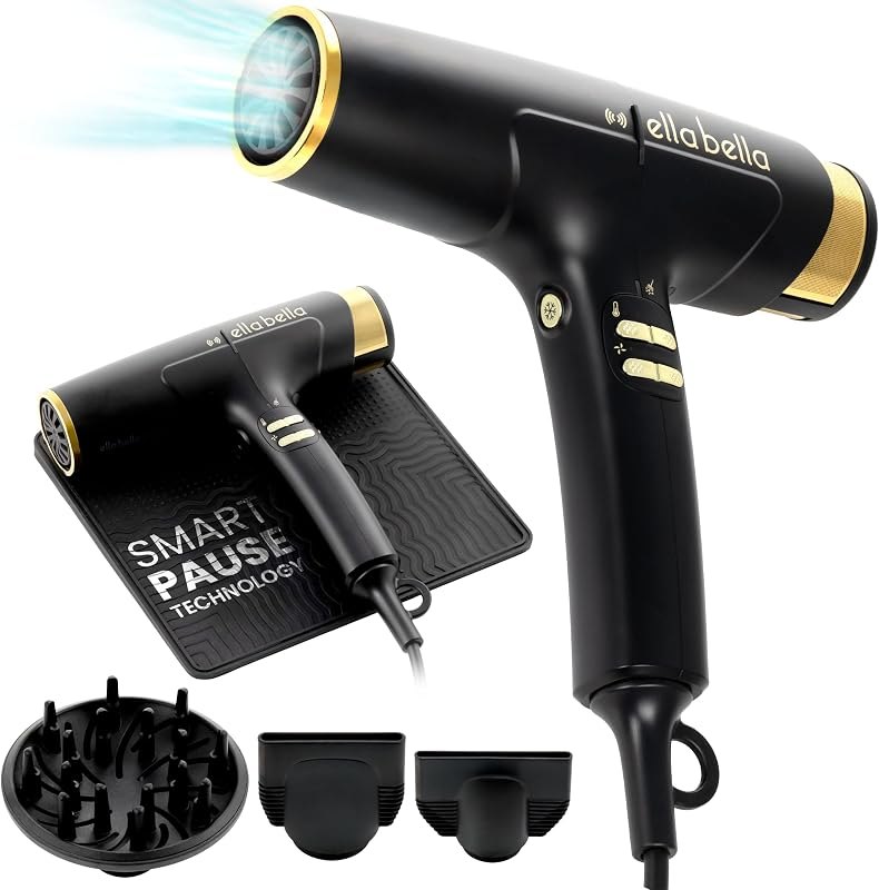 ELLA BELLA® Professional Hair Dryer with Smart Mat - Auto-Pause Ionic Blow Dryer for Fast Drying & Frizz Control -