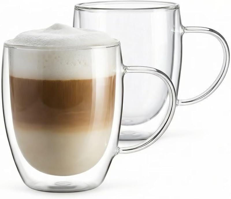 Double Walled Glass Coffee Mugs with Handle (Set of 2, 12 oz) - Insulated Clear Borosilicate Glass Cups for