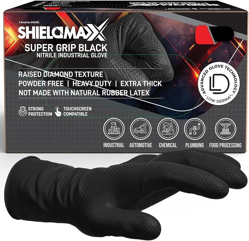 ShieldMaxx Black Nitrile Gloves Heavy-Duty Diamond Texture Low Dermatitis — garage mechanic gloves for garage mechanic