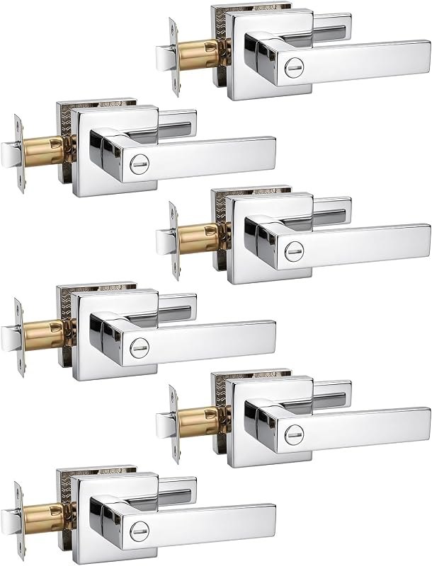 Tinewa 6 Pack Bright Chrome Privacy Levers Handles, Interior Door Locksets for Door Knobs Reversible Right & Left