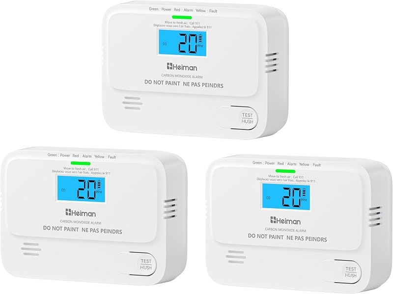 Heiman Carbon Monoxide Detectors, Low-Level Digital Display CO Alarm 3 Pack — safety co detector for safety detector
