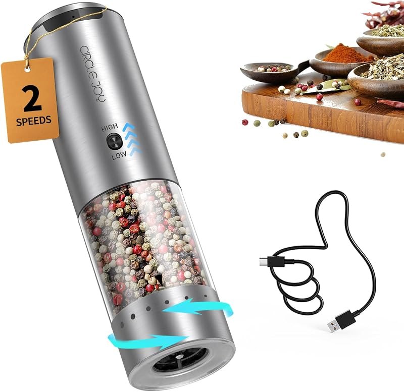 CIRCLE JOY Electric Pepper Grinder Stainless Steel Rechargeable Pepper Mill with Variable Grinding Speed, External