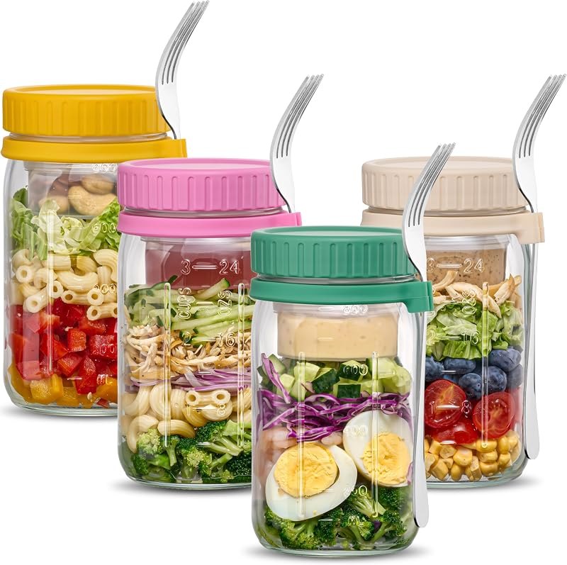 Danmu 32 oz Salad Jars with 2 Dressing Cups & Forks - Glass Mason Jar Meal Prep Containers,Wide Mouth,Leak