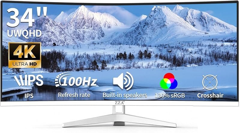 ZZA 34 Inch Ultrawide Curved Monitor Built in Speakers 4K Gaming Computer Monitor 100Hz, WQHD(3440x1440P) Curved 3800R