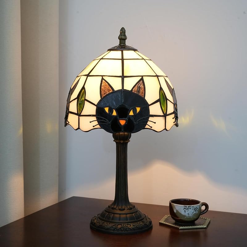 Tiffany Style Black Cat Stained Glass Table Lamp Cute Small Quirky Table Lamp Bedroom Bedside lamp Living Room Dining