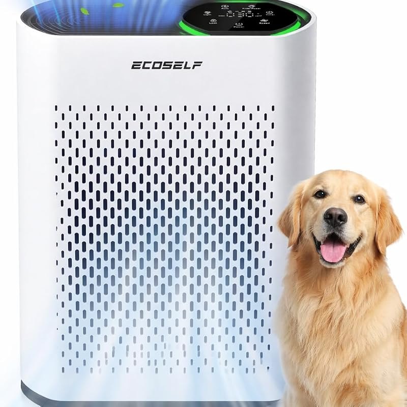 ECOSELF Air Purifier for Large Rooms Up to 2,400 Sq Ft, 360° Air Intake, HEPA Filter, White — under desk air purifier