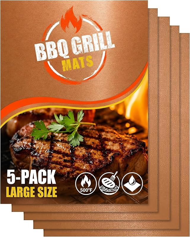 BBQ Copper Grill Mats for Outdoor Grill Mat (5 Pack) 100% Non-Stick Heat-Resistant Grilling Mats for Outdoor Grill