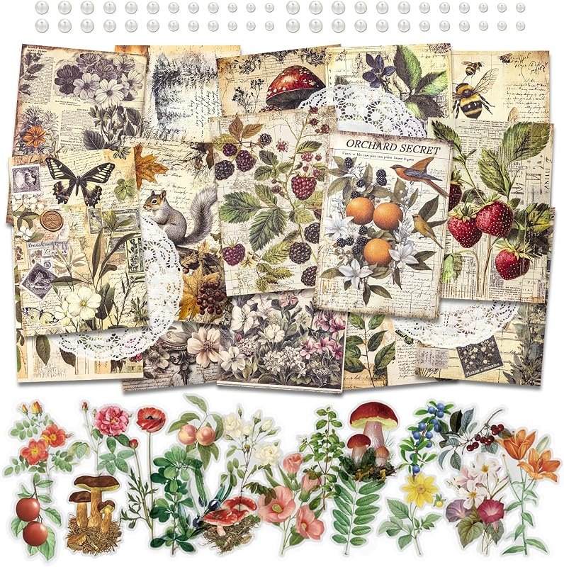 Mayplous Vintage Scrapbook Supplies, 40 Decorative Collage Papers & 79 Clear PET Stickers, Aesthetic Floral Botanical