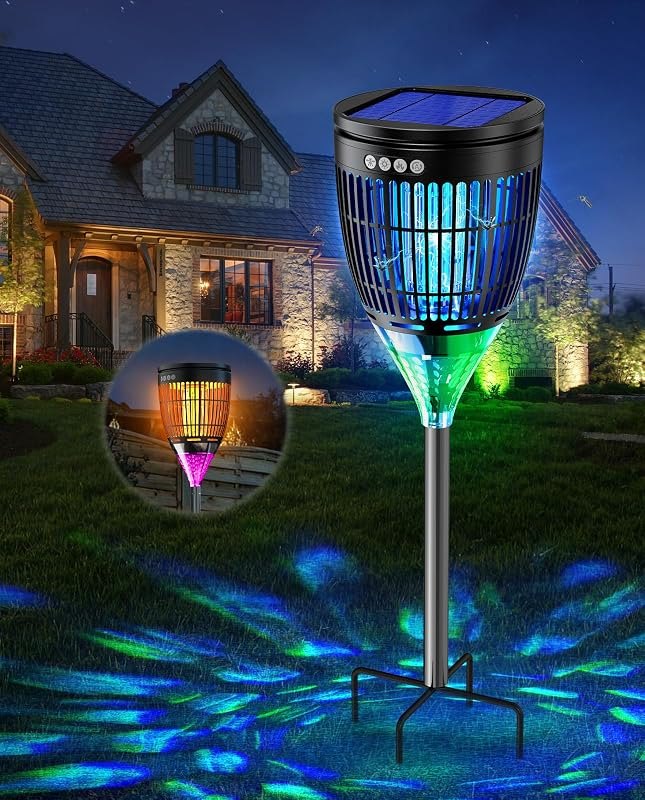 Solar Bug Zapper Outdoor, Mosquito Zapper with Flame & Projector Light — Solar Mosquito Lamp for solar mosquito lamp
