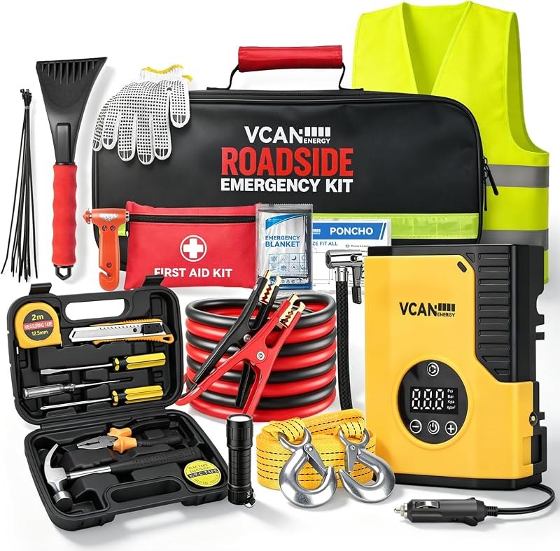 Car Emergency Safety Kit Bag with Portable Air Compressor & Jumper Cables — Winter Storm Emergency Kit for winter