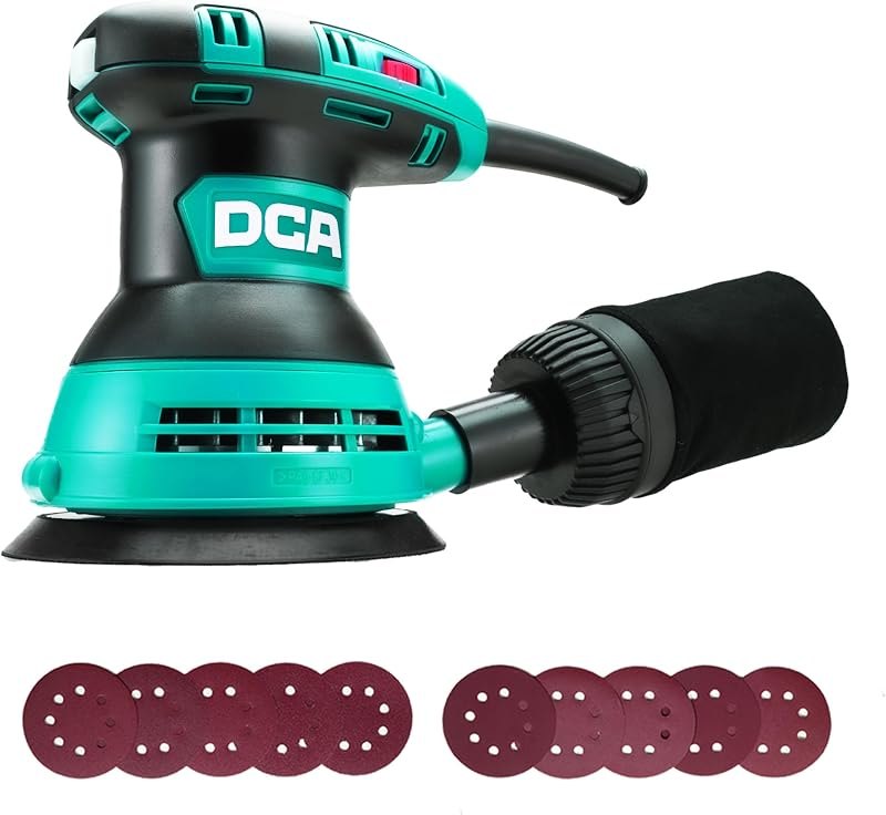 DCA Random Orbital Sander, 3.0 AMP Corded Palm Sander, 6 Speeds Max 12,000 OPM, 5-Inch with 10 pcs Sandpapers, Dust